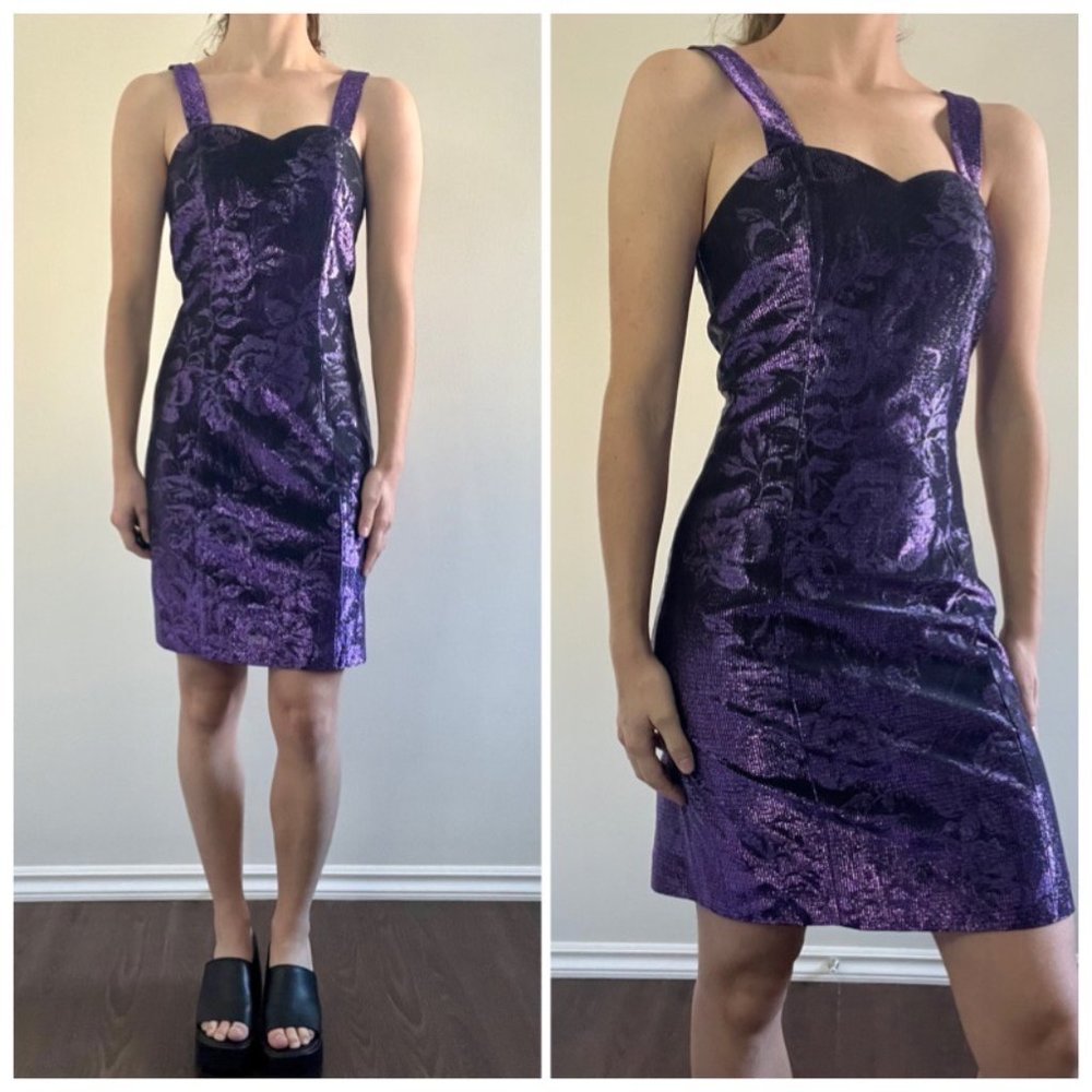 Vintage 90s Purple Dress, 1990s Metallic Floral Mini Dress